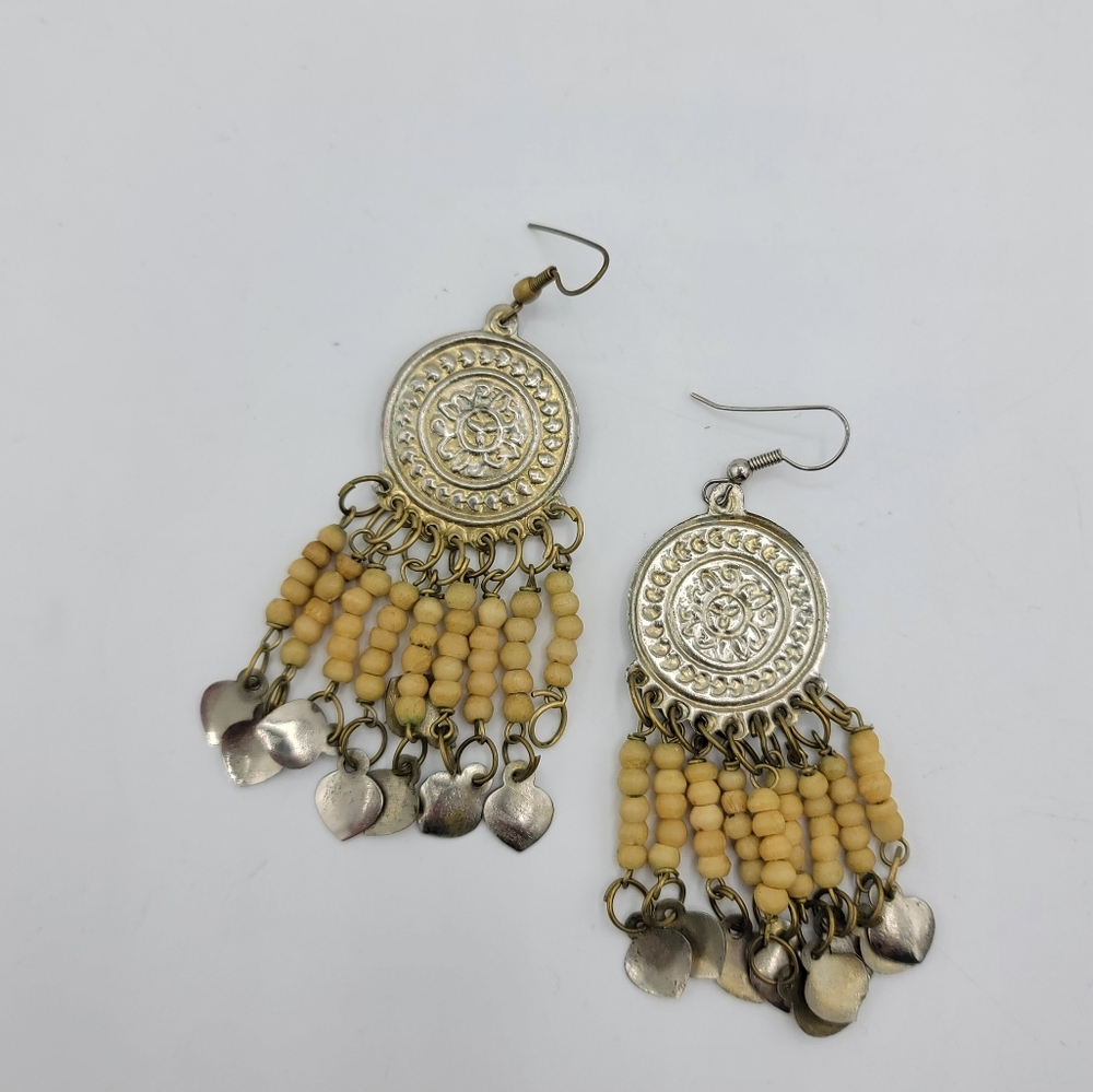 Boho Beaded Dangle Earrings with Silver-Tone Medallions and Heart Charms